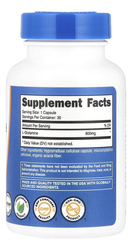 Nutricost L-glutamina 30 Capsulas 800mg Sabor Sin Sabor