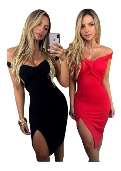 vestido ombro a ombro com fenda curto