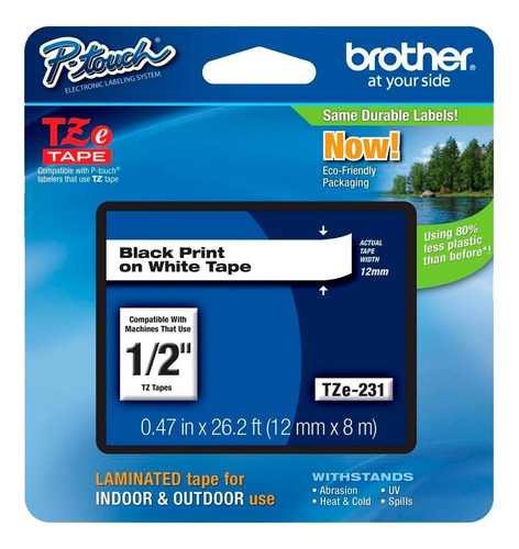 Cinta Brother Tze231 Negro En Blanco, 12mm X 8m