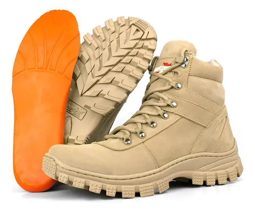 Bota Coturno Masculino Couro 100% Legítimo Militar Adventure Bege Liso 45 Br