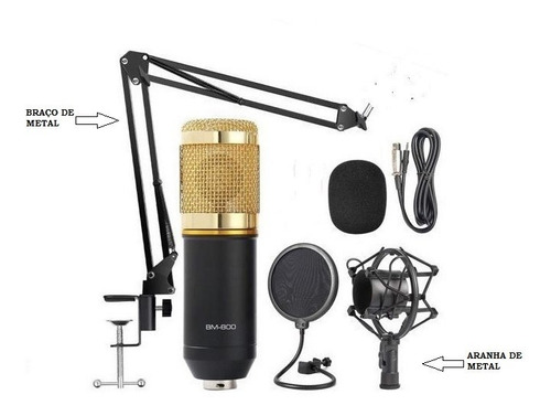 Microfone Estúdio Bm800 + Aranha + Braço + Pop Filter