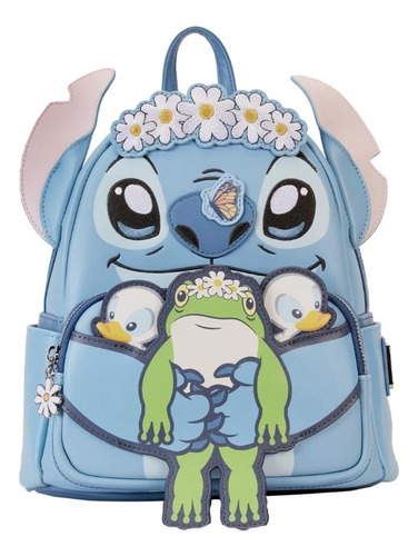 Loungefly Mini Mochila Disney Springtime Stitch Con Rana Color Azul Claro Diseño De La Tela Lisa