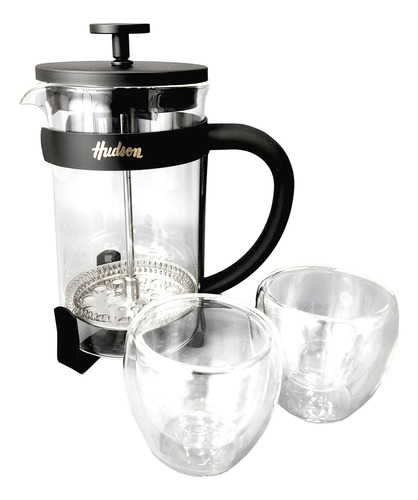 Set En Caja Hudson Cafetera 600 Ml + 2 Vasos Vidrio Cafe 