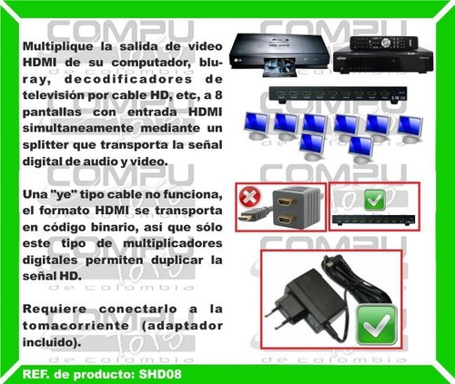 Imagen 4 de 6 de Multiplicador Hd Electrónico 1x8 Ref: Shd08 Computoys Sas
