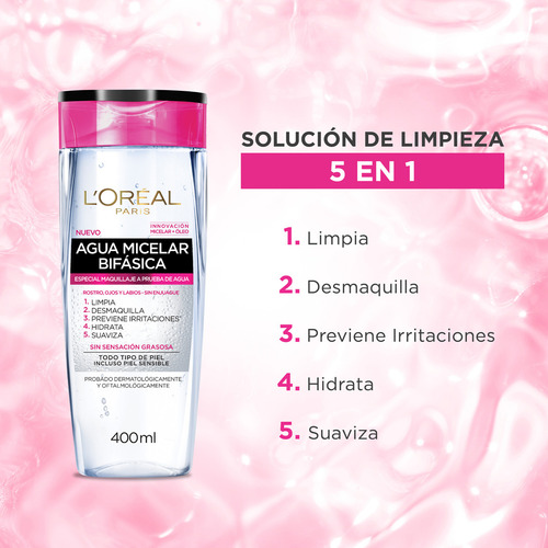 Agua Micelar Loreal París Bifásica Todo Tipo De Piel 400 Ml