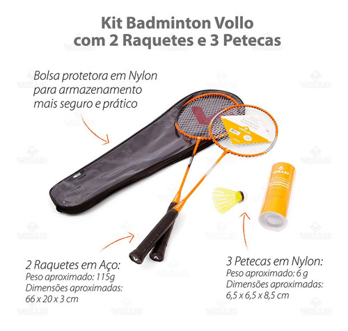 Kit Jogo De Badminton C/ 2 Raquetes 3 Petecas + Bolsa Vollo