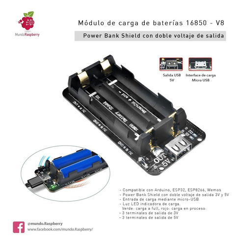 Shield Modulo Power Bank Baterías Litio 18650 V8 Arduino Esp