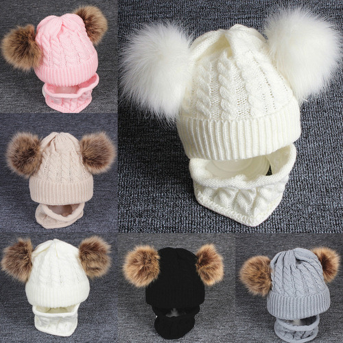 (d) Gorro De Invierno De Punto Grueso Con Doble Pompón Para