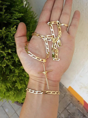 Imagem 4 de 8 de Conjunto Corrente Pulseira Pingente Banhada Ouro Masculino