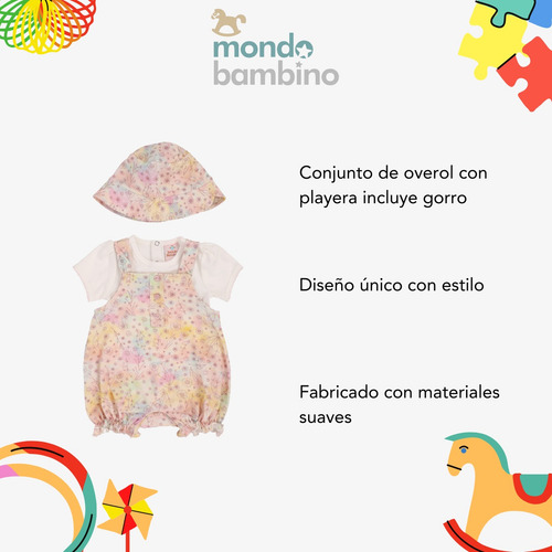 Conjunto Overol Con Playera Y Gorro De Bebé Mondo Bambino Multicolor 12 M