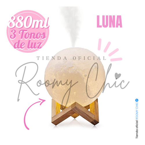 Lámpara Humidificador Luna 3d 880ml Base Madera 3 Tonos Luz