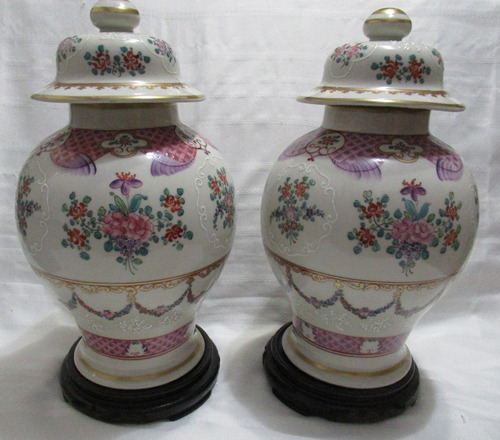 Antiguo Par Potiches Porcelana China Pintado A Mano Firmados