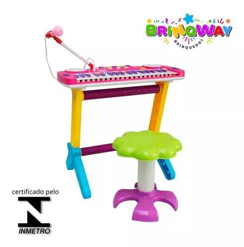 Piano Teclado Infantil C/ Microfone E Banquinho Rosa Inmetro Cor