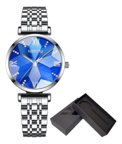 Reloj Nibosi 2529 Diamond Quartz Inoxidable Fondo Azul