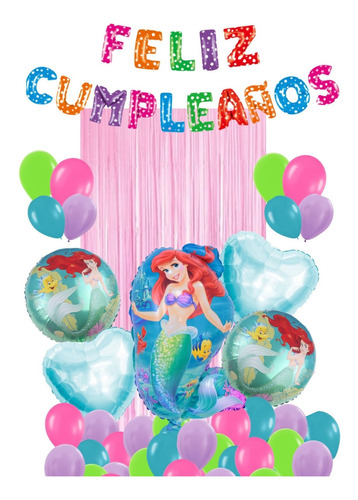Kit Decoración Globos Feliz Cumpleaños La Sirenita Ariel