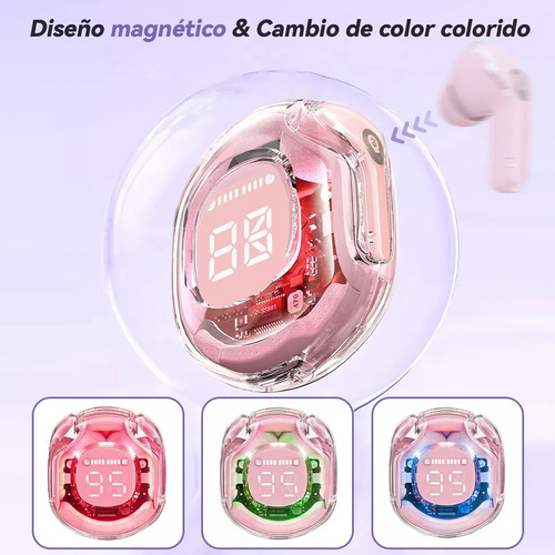 Audifonos Bluetooth Auriculare Inalambricos Transparente Led Color Rosa