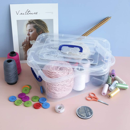 Caja Transparente Con Mango Azul Marino Para Almacenamiento