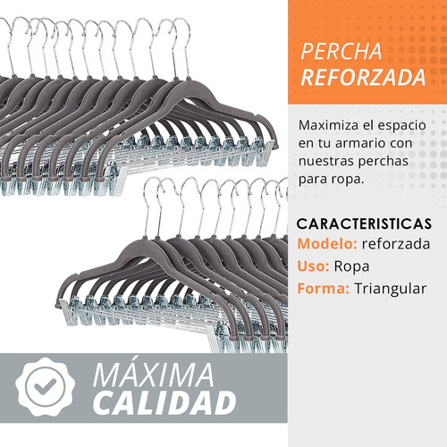 Imagen 4 de 9 de Percha Terciopelo Gris Con Broches Antideslizante M-12 X 10