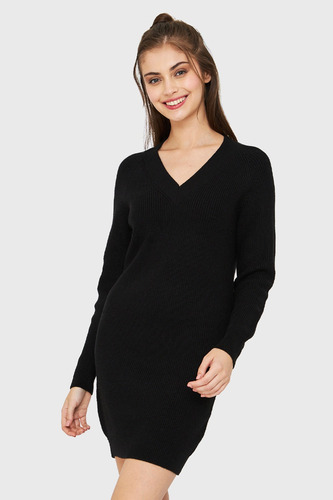 Sweater Vestido Cuello V Negro Nicopoly