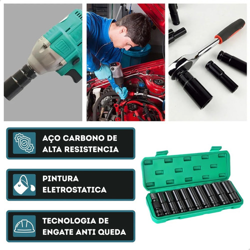 Kit Jogo Soquetes De Impacto 1/2 Pol. Longos Com 10 Peças