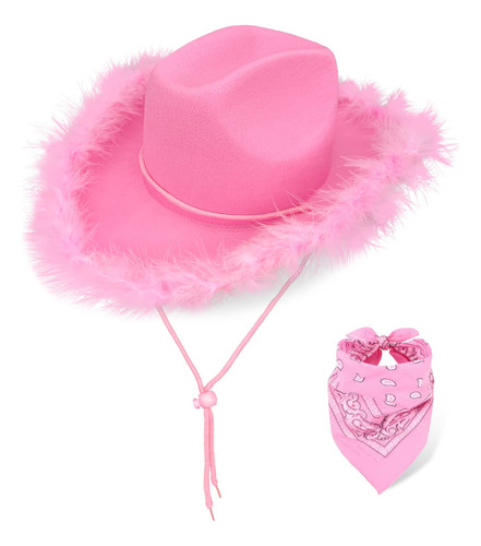 Sombrero De Vaquero Rosa Con Plumas, Sombrero De Vaquera De