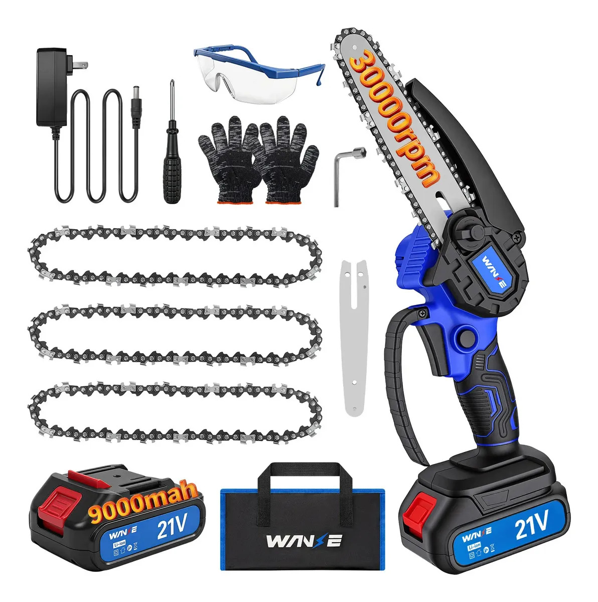 Motosierra Inalámbrica WANSE de 6" con 3 Cadenas y Batería de para Poda