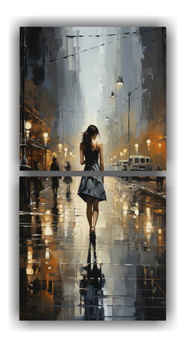 140x70cm Cuadro Impresionista Hombre Mujer Caminando Amarill