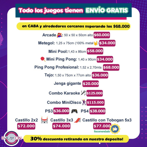 Alquiler Metegol Tejo Juegos Ping Pong Pool Jenga Arcade Ps4