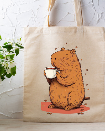 Tote Bag Tela - Estampa De Un Lindo Carpincho - 40x35cm Beige Carpincho Capibara