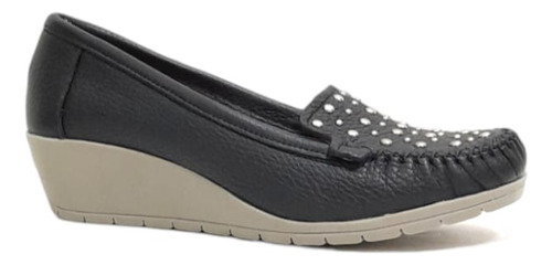 Mocasin Mujer Cuero Taco Chino Tachas Comodos Negro