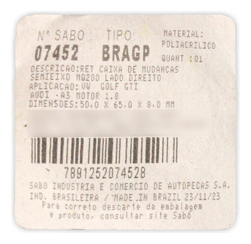Retentor Câmbio Golf 1.6 8v Ea111 Vht 2008 A 2013 Sabó 07452