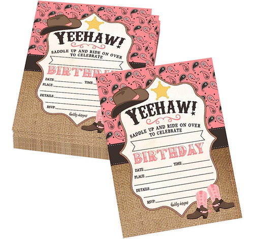 25 Pink Cowgirl Kids Birthday Or Slumber Party Invitations, 