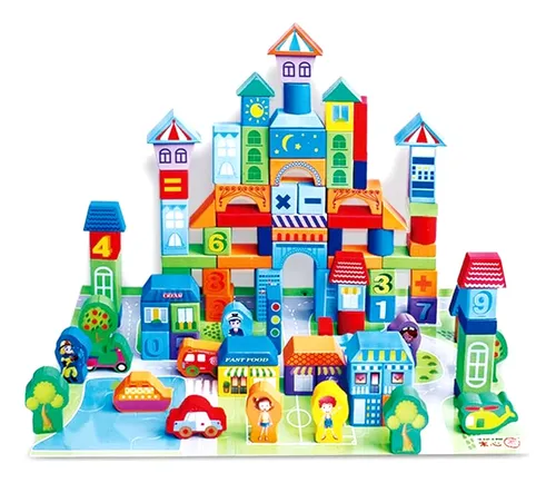 Bloques Madera Colores Construir Ciudad Zoo Infantil 100 Pz