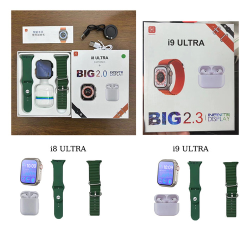 Funda para auriculares Bluetooth I8 Ultra Smartwatch TWS 2 en 1, color verde