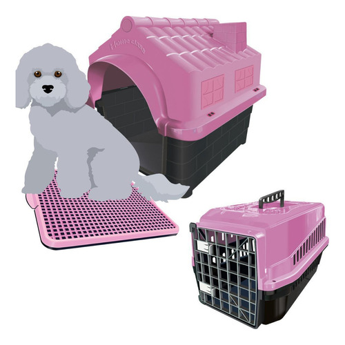 Casa Para Cãe  Mec Pet Kit Casinha Caixa De Transporte E Sanitário Pet Dog N3 Rosa - Rosa