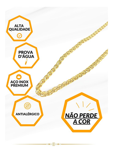 Corrente Masculino 60cm Grossa 5mm Trançada Aço Inox Dourado