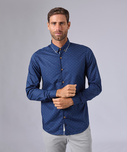 Camisa Manga Larga Cuello Button Down Slim Fit Azul E.