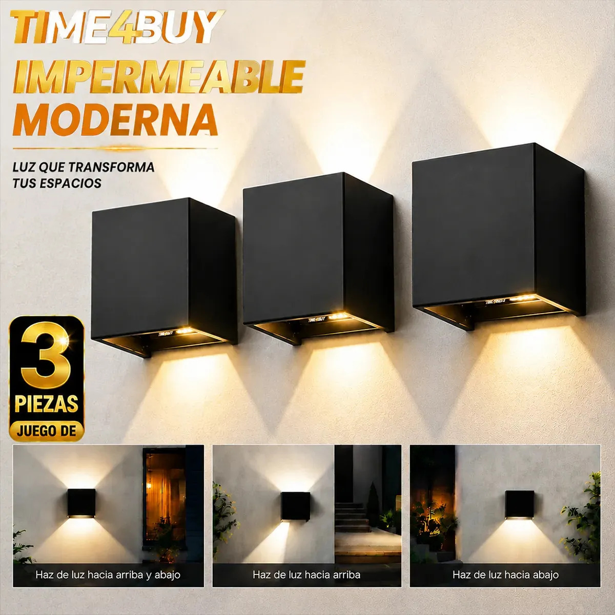 Time4buy - 3pzs Lámpara De Pared Led 6w Exteriores Interior, Ángulo de luz ajustable, 10x10x10cm, haz superior e inferior, Impermeable Exterior Para Jardín, Patio, Terraza, Inicio 