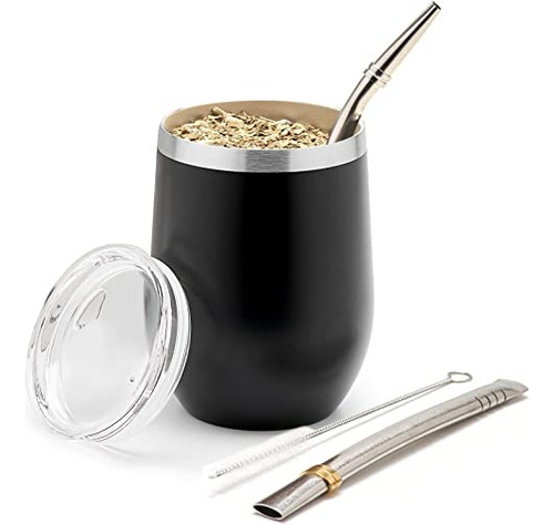Mate Argentino De Acero Inoxidable Doble Pared, Con Bombilla Color Negro