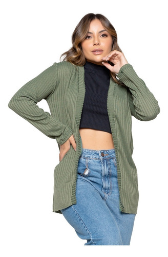 Imagem 1 de 9 de Cardigan Moda Blogueira Manga Longa Canelada Inverno Kimono