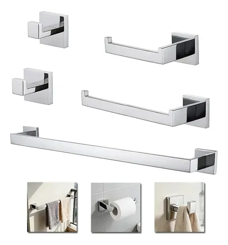Kit 5 Peças Brilhante Prateado Acessorio Banheiro Luxo Dreamway Organizador Port
