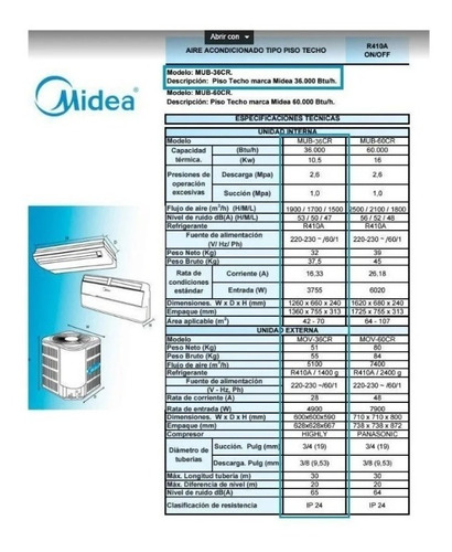 Aire Acondicionado Piso Techo 3 Toneladas Midea Cod: 7920430