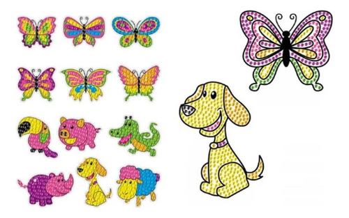 Sticker Pintura Bordado Con Diamantes Perros Y Mariposas 14u