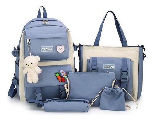 5 Piezas Mochila Escolar Combo Set Kawaii Estilo Coreana