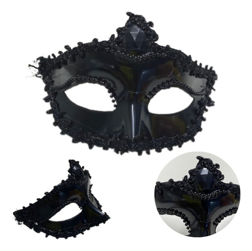Antifaz Veneciano X 1 Gema Encaje Máscara Carnaval Cotillon Color Negro