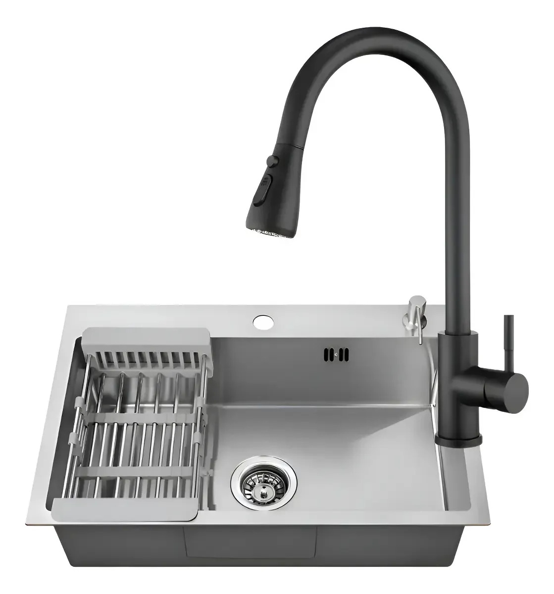 Bacha Cocina 65cm Ac Inox + Acc + Griferia Negra Rebatible Gris