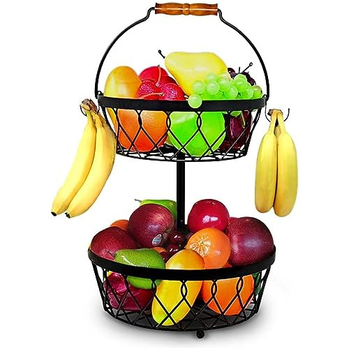 2 Tier Fruit Basket For Kitchen Countertop With 4 Banan...