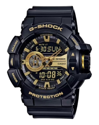 Reloj de pulsera Casio G-Shock GA-400GB de cuerpo color negro, analógico-digital, fondo negro, con correa de resina color negro, agujas color dorado y negro, dial dorado y amarillo y negro, subesferas color gris y dorado, minutero/segundero amarillo, bisel color negro, luz ámbar