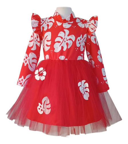 Disfraz Vestido Lilo Tutu Manga Larga Hawaina Pelicula Nena Rojo 8