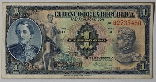 Billete 1 Peso 07/ago/1947 Prefijo B 7 Digitos Colombia Vf